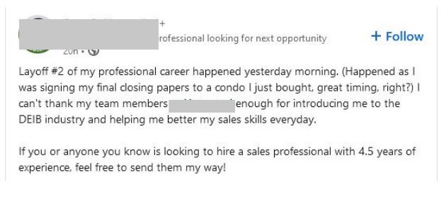 Person on LinkedIn announcing he has been laid off